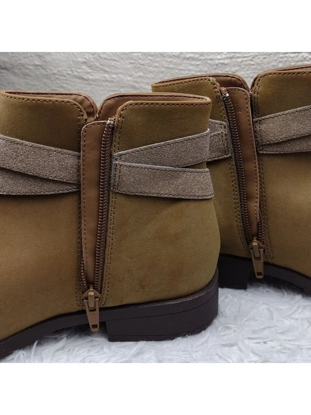 Lands' End Brown Suede Leather Dual Buckle Strap Almond Toe Side Zip Ankle Boot
